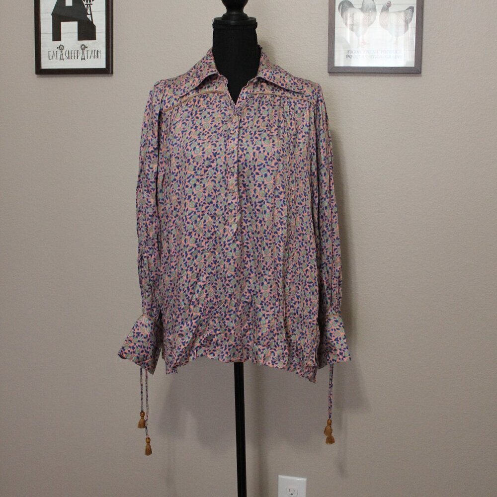 Omika Womens NWOT Printed Blouse Pink Blue Cuff Tassels Boho Peasant Size Large